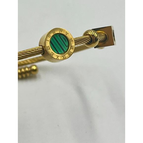 Roman Numeral Geometric Green Charms Gold Tone Stainless Steel Bangle Bracelet - Picture 2 of 10